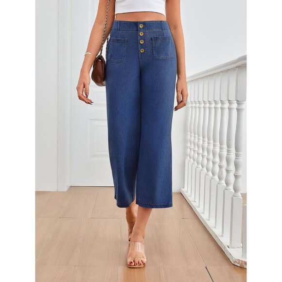 Womens High Waisted Capri Jeans Stretchy Crop Wide Leg Denim Casual - Picture 2 of 6